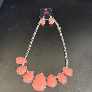 Silver and Pink Teardrop Necklace and Earring Set